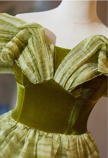 Glamorous Sage Green Striped Tulle Off-Shoulder Sweet 15 Quinceanera Ball Gown TP5480