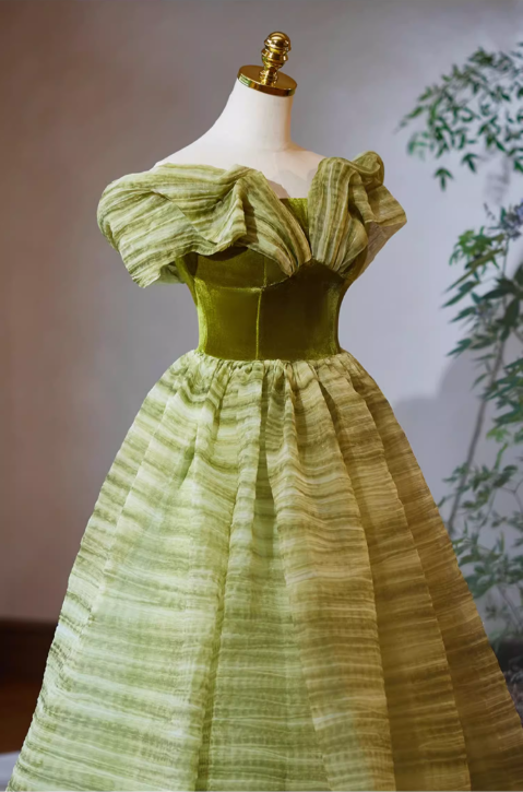 Glamorous Sage Green Striped Tulle Off-Shoulder Sweet 15 Quinceanera Ball Gown TP5480