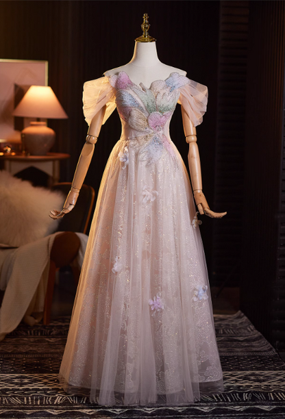 Glamorous Pink Glitter Tulle Beaded Off-Shoulder Puff Sleeves Evening Gown TP5481