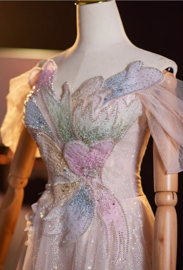 Glamorous Pink Glitter Tulle Beaded Off-Shoulder Puff Sleeves Evening Gown TP5481