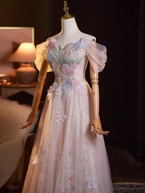 Glamorous Pink Glitter Tulle Beaded Off-Shoulder Puff Sleeves Evening Gown TP5481