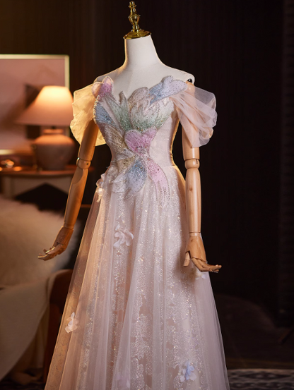 Glamorous Pink Glitter Tulle Beaded Off-Shoulder Puff Sleeves Evening Gown TP5481