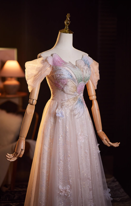 Glamorous Pink Glitter Tulle Beaded Off-Shoulder Puff Sleeves Evening Gown TP5481