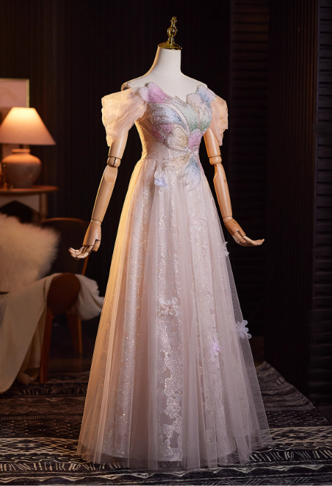 Glamorous Pink Glitter Tulle Beaded Off-Shoulder Puff Sleeves Evening Gown TP5481