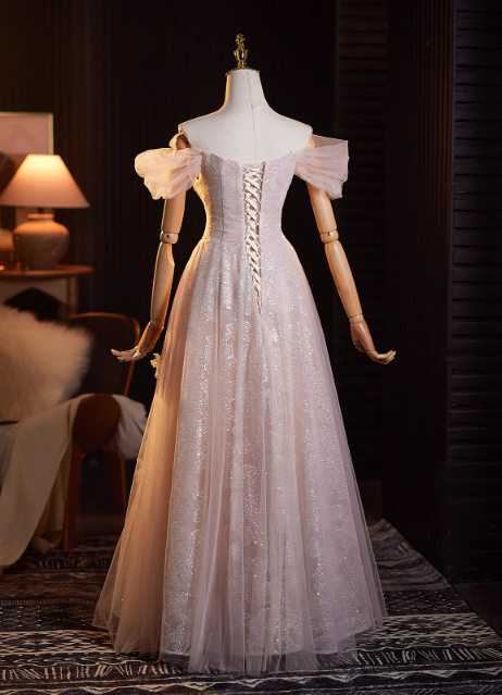 Glamorous Pink Glitter Tulle Beaded Off-Shoulder Puff Sleeves Evening Gown TP5481