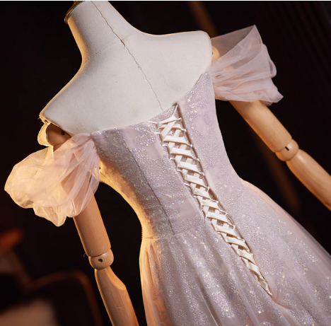 Glamorous Pink Glitter Tulle Beaded Off-Shoulder Puff Sleeves Evening Gown TP5481