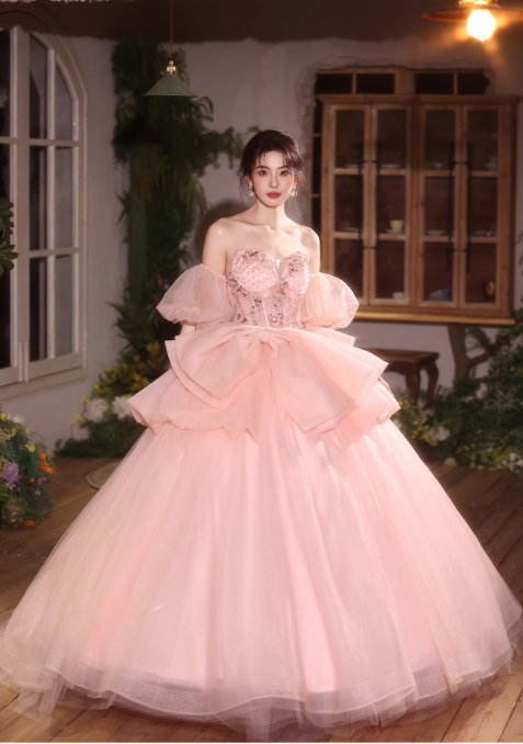 Glamorous Pink Tulle Off-Shoulder Puff Sleeves Beaded Sweet 15 Quinceanera Ball Gown TP5482