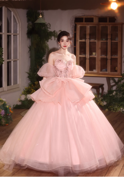 Glamorous Pink Tulle Off-Shoulder Puff Sleeves Beaded Sweet 15 Quinceanera Ball Gown TP5482