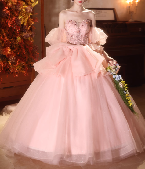 Glamorous Pink Tulle Off-Shoulder Puff Sleeves Beaded Sweet 15 Quinceanera Ball Gown TP5482