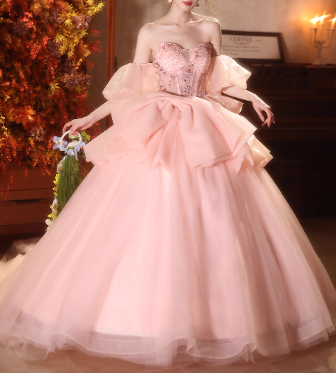 Glamorous Pink Tulle Off-Shoulder Puff Sleeves Beaded Sweet 15 Quinceanera Ball Gown TP5482