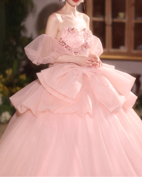 Glamorous Pink Tulle Off-Shoulder Puff Sleeves Beaded Sweet 15 Quinceanera Ball Gown TP5482