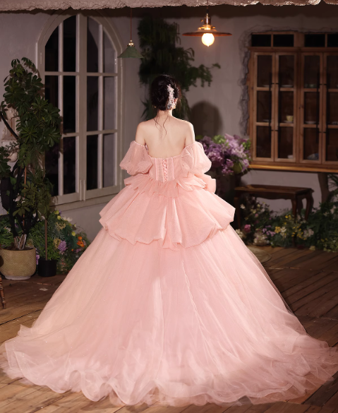 Glamorous Pink Tulle Off-Shoulder Puff Sleeves Beaded Sweet 15 Quinceanera Ball Gown TP5482