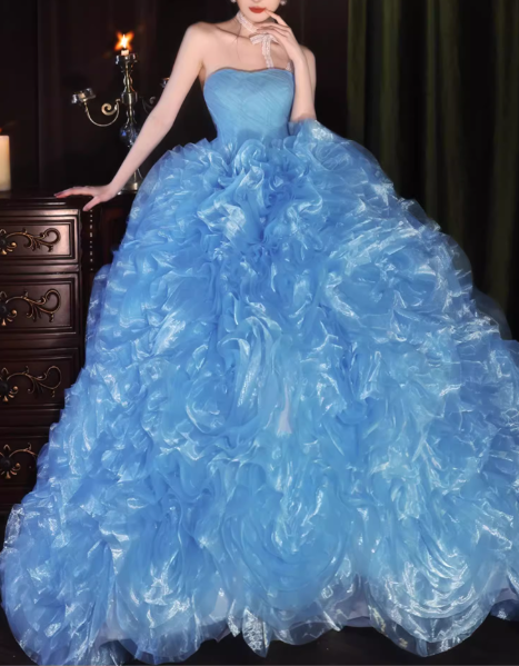 Glamorous Sky Blue Ruffled Tulle Strapless Sweet 15 Quinceanera Ball Gown TP5483