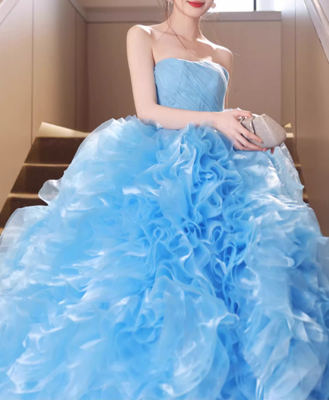 Glamorous Sky Blue Ruffled Tulle Strapless Sweet 15 Quinceanera Ball Gown TP5483