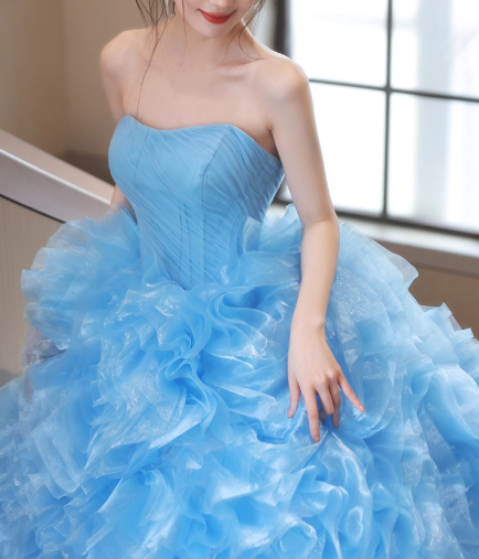 Glamorous Sky Blue Ruffled Tulle Strapless Sweet 15 Quinceanera Ball Gown TP5483