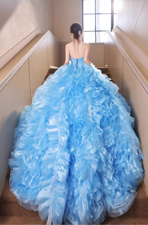 Glamorous Sky Blue Ruffled Tulle Strapless Sweet 15 Quinceanera Ball Gown TP5483