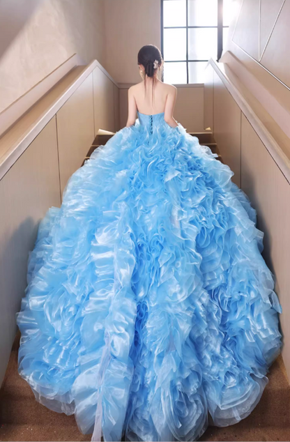 Glamorous Sky Blue Ruffled Tulle Strapless Sweet 15 Quinceanera Ball Gown TP5483