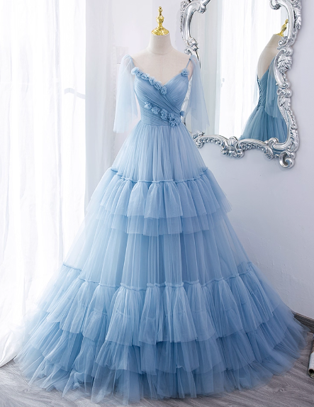 Glamorous Light Blue Tiered Tulle Spaghetti Straps 3D Rose Sweet 15 Quinceanera Ball Gown TP5484