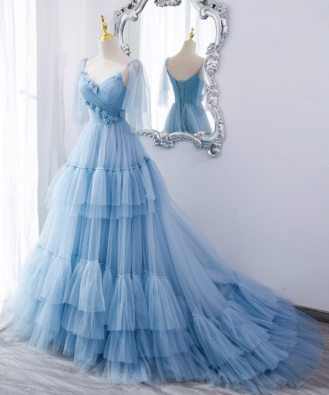 Glamorous Light Blue Tiered Tulle Spaghetti Straps 3D Rose Sweet 15 Quinceanera Ball Gown TP5484