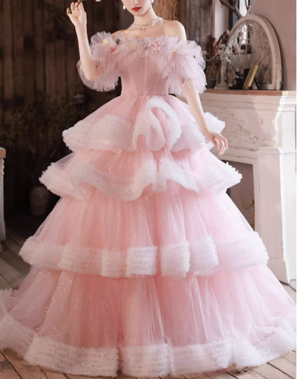 Glamorous Pink Tiered Tulle Fluffy Ruffles Off-Shoulder Floral Sweet 15 Quinceanera Ball Gown TP5485