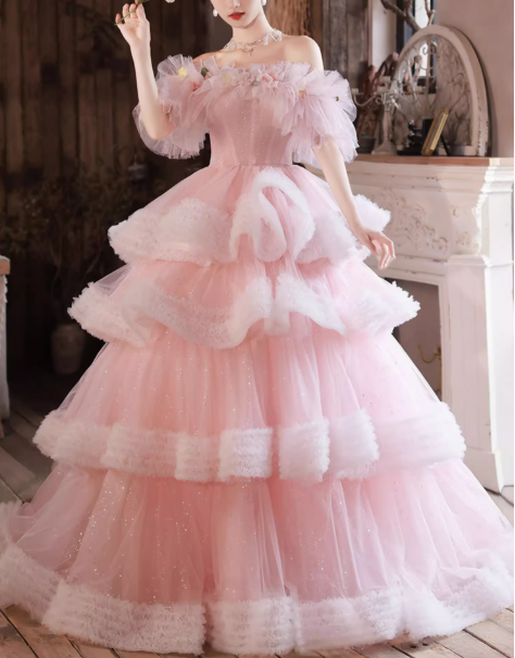 Glamorous Pink Tiered Tulle Fluffy Ruffles Off-Shoulder Floral Sweet 15 Quinceanera Ball Gown TP5485