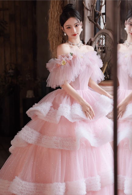 Glamorous Pink Tiered Tulle Fluffy Ruffles Off-Shoulder Floral Sweet 15 Quinceanera Ball Gown TP5485