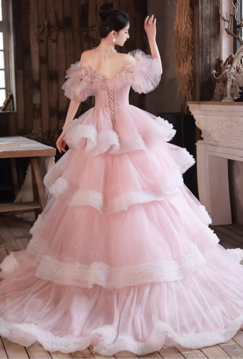 Glamorous Pink Tiered Tulle Fluffy Ruffles Off-Shoulder Floral Sweet 15 Quinceanera Ball Gown TP5485