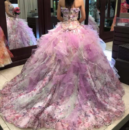 Glamorous Pink Floral Strapless Ruffled Tulle Sweet 15 Quinceanera Ball Gown TP5488