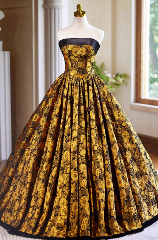 Glamorous Gold Floral Brocade Strapless Black Trim & Voluminous Pleated Sweet 15 Quinceanera Ball Gown TP5501