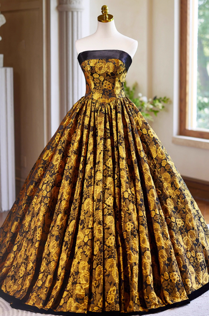 Glamorous Gold Floral Brocade Strapless Black Trim & Voluminous Pleated Sweet 15 Quinceanera Ball Gown TP5501