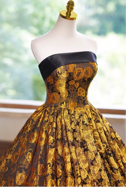 Glamorous Gold Floral Brocade Strapless Black Trim & Voluminous Pleated Sweet 15 Quinceanera Ball Gown TP5501