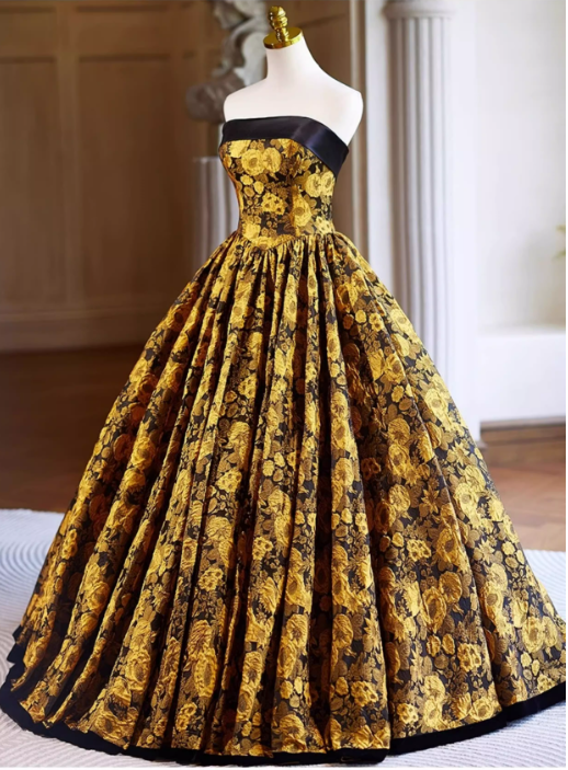 Glamorous Gold Floral Brocade Strapless Black Trim & Voluminous Pleated Sweet 15 Quinceanera Ball Gown TP5501