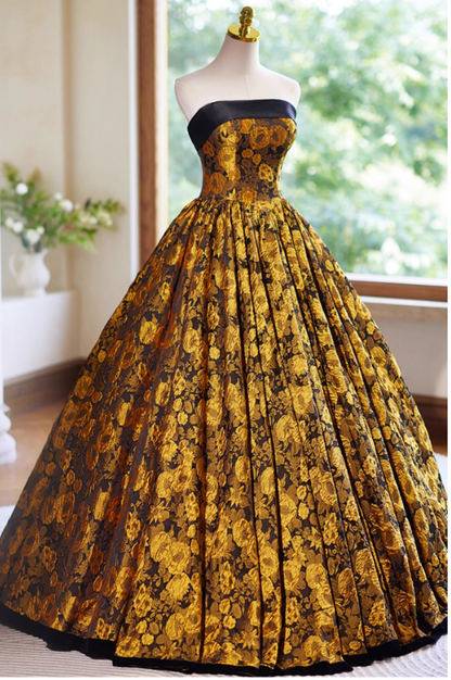 Glamorous Gold Floral Brocade Strapless Black Trim & Voluminous Pleated Sweet 15 Quinceanera Ball Gown TP5501