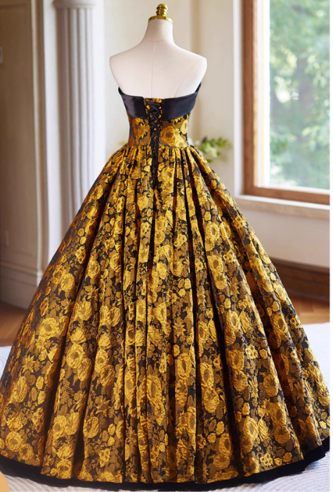 Glamorous Gold Floral Brocade Strapless Black Trim & Voluminous Pleated Sweet 15 Quinceanera Ball Gown TP5501