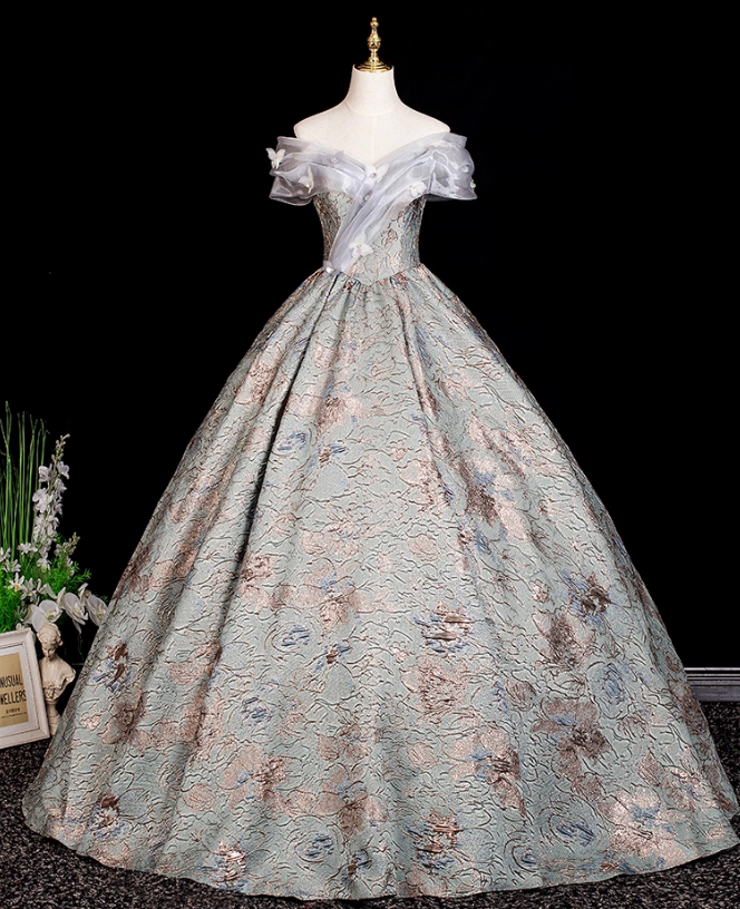 Glamorous Sage Green Floral Brocade Off-Shoulder Sweet 15 Quinceanera Ball Gown TP5503