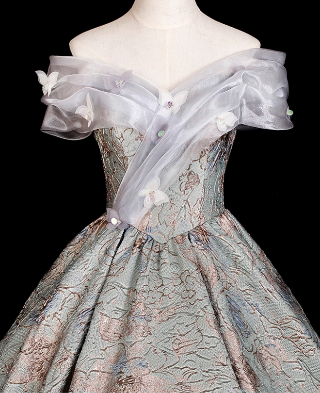 Glamorous Sage Green Floral Brocade Off-Shoulder Sweet 15 Quinceanera Ball Gown TP5503