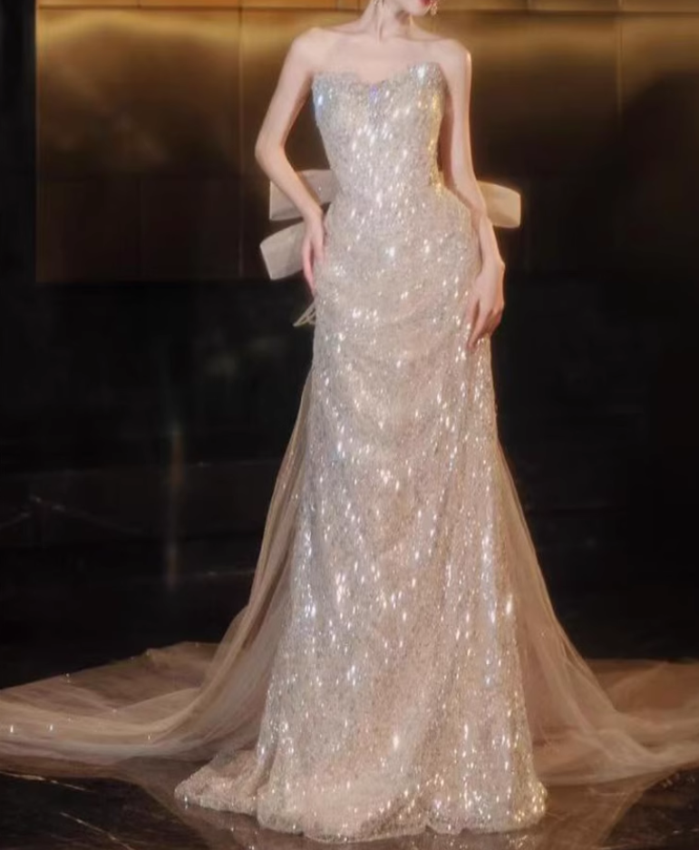 Vintage Champagne Sequin Strapless Mermaid Back Bow Sheer Tulle Evening Gown TP5506