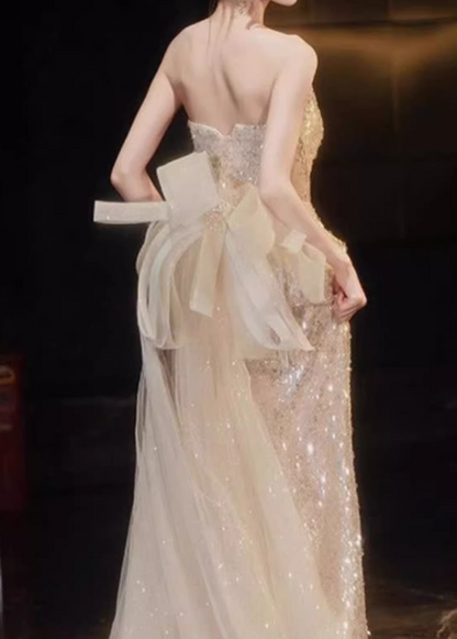 Vintage Champagne Sequin Strapless Mermaid Back Bow Sheer Tulle Evening Gown TP5506