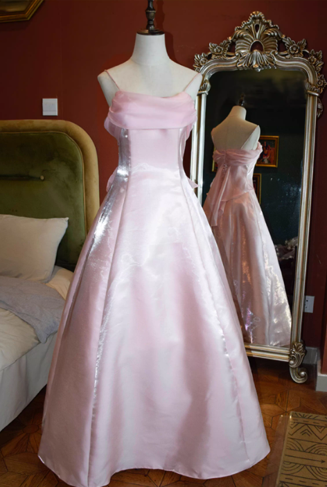 Vintage Sparkly Pink Satin Spaghetti Strap Prom Dress Sparkly Evening Gown TP5533