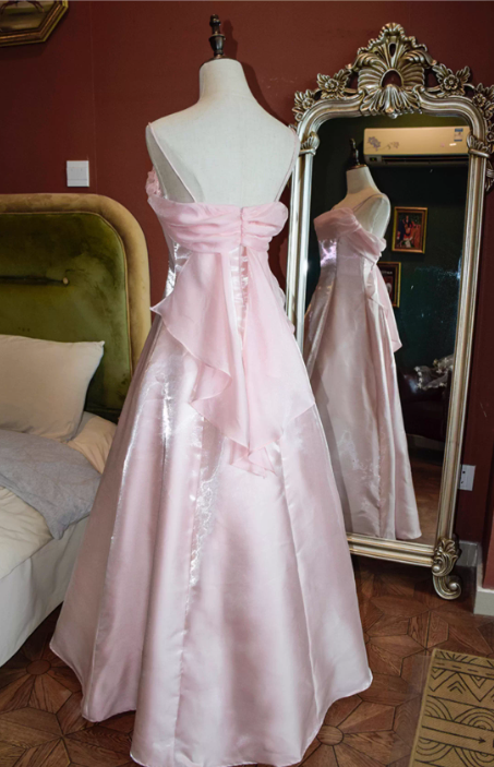 Vintage Sparkly Pink Satin Spaghetti Strap Prom Dress Sparkly Evening Gown TP5533
