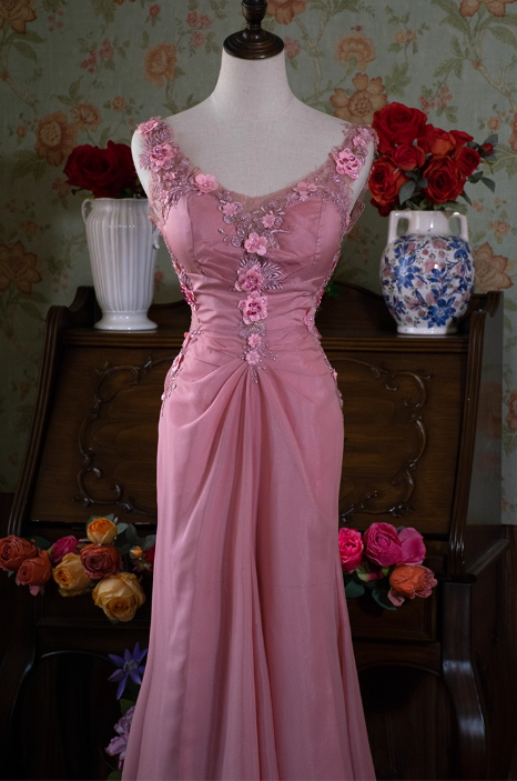 Vintage Pink Chiffon Prom Dress 3D Flower Applique Evening Gown TP5538