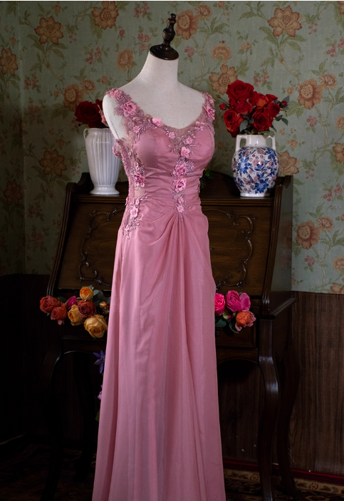 Vintage Pink Chiffon Prom Dress 3D Flower Applique Evening Gown TP5538