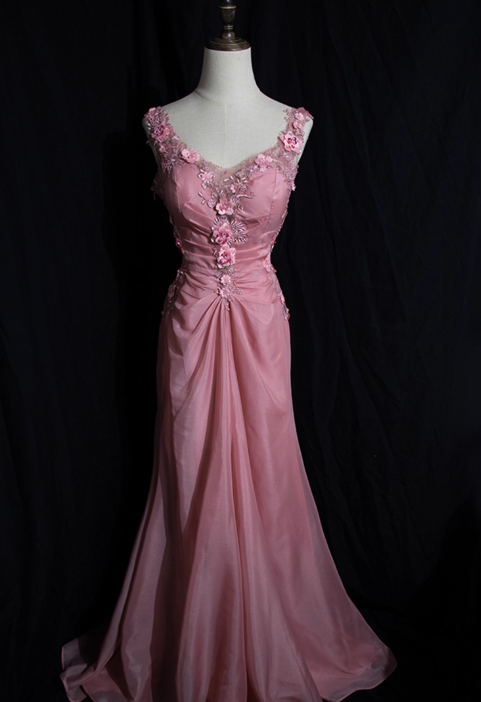 Vintage Pink Chiffon Prom Dress 3D Flower Applique Evening Gown TP5538