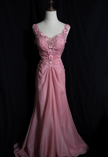 Vintage Pink Chiffon Prom Dress 3D Flower Applique Evening Gown TP5538