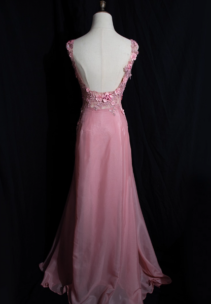 Vintage Pink Chiffon Prom Dress 3D Flower Applique Evening Gown TP5538
