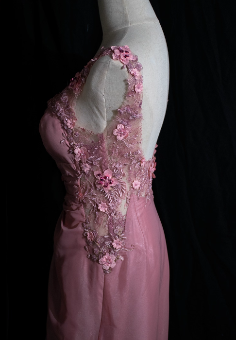 Vintage Pink Chiffon Prom Dress 3D Flower Applique Evening Gown TP5538