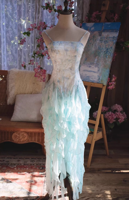 Vintage Ombre Chiffon Ruffled Prom Dress Spaghetti Strap Evening Gown TP5539