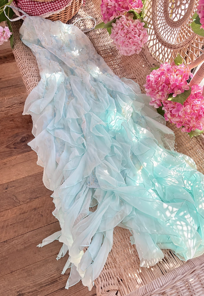 Vintage Ombre Chiffon Ruffled Prom Dress Spaghetti Strap Evening Gown TP5539