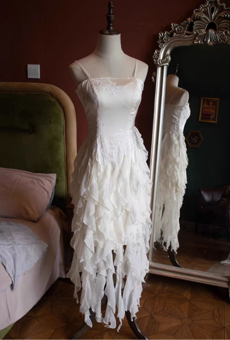 Vintage Ombre Chiffon Ruffled Prom Dress Spaghetti Strap Evening Gown TP5539
