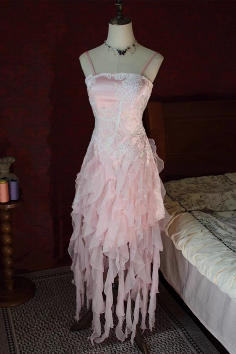 Vintage Ombre Chiffon Ruffled Prom Dress Spaghetti Strap Evening Gown TP5539